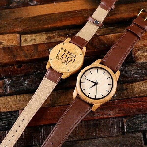 Image of Personalized His & Hers Engraved Wood Watch Bamboo Leather Straps with Engraved Box - Watches