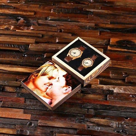 Image of Personalized His & Hers Engraved Wood Watch Bamboo Leather Straps with Printed Box - Watches