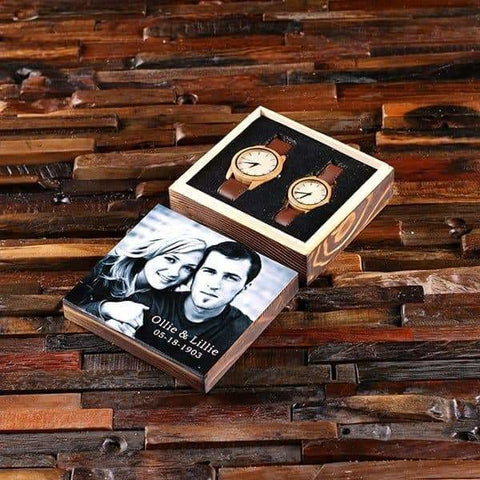 Image of Personalized His & Hers Engraved Wood Watch Bamboo Leather Straps with Printed Box - Watches