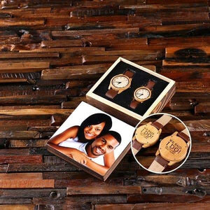 Personalized His & Hers Engraved Wood Watch Bamboo Leather Straps with Printed Box - Watches