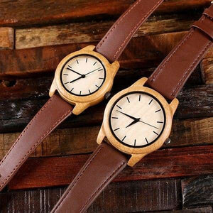Personalized His & Hers Engraved Wood Watch Bamboo Leather Straps without Box - Watches