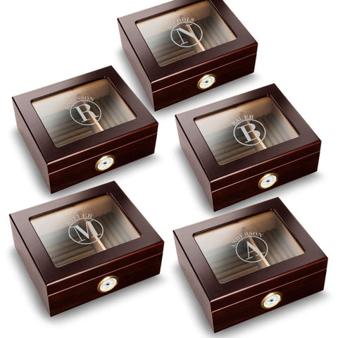 Image of Personalized Humidor - Set of 5 - Glass Top - Mahogany - Groomsmen Gifts - Circle - Cigar Gifts