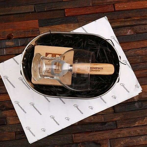 Image of Personalized Ice Bucket Wood Coasters & Bottle Opener Set - Assorted - Groomsmen