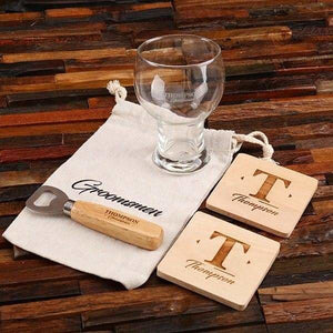 Personalized Ice Bucket Wood Coasters & Bottle Opener Set - Assorted - Groomsmen