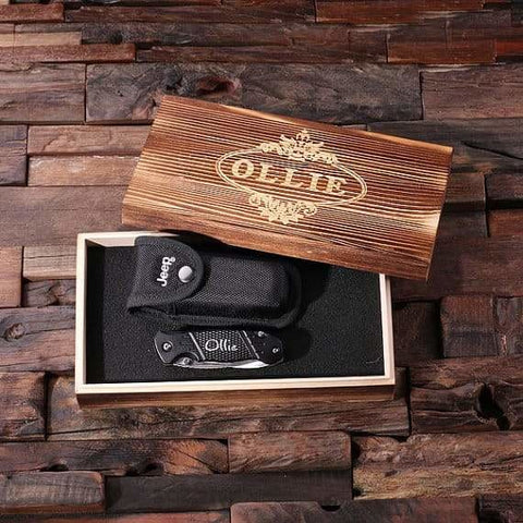Image of Personalized Jeep Utility Knife w/Case & Wood Box - Knives & Gift Box