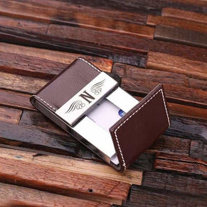 Personalized Leather Business Card Holder with Wood Gift Box - Cardholders