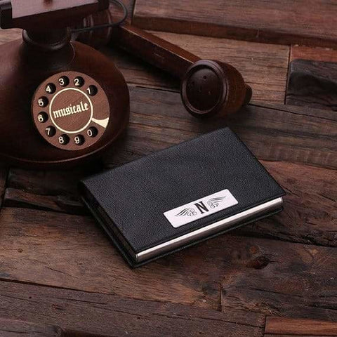 Image of Personalized Leather Business Card Holder with Wood Gift Box - Cardholders