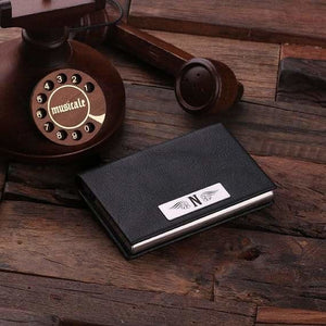 Personalized Leather Business Card Holder with Wood Gift Box - Cardholders