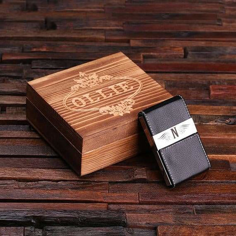 Image of Personalized Leather Business Card Holder with Wood Gift Box - Cardholders
