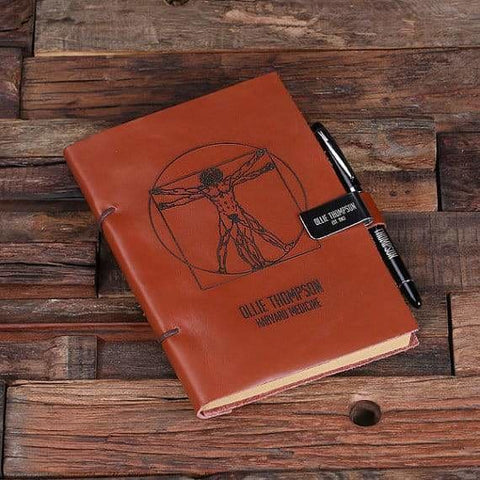 Image of Personalized Leather Diary Sketchbook and Pen with Pen Holder - Journals & Notebooks