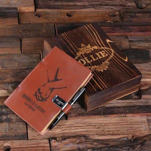 Personalized Leather Diary Sketchbook with Wood Box Pen and Pen Holder - Journal Gift Sets