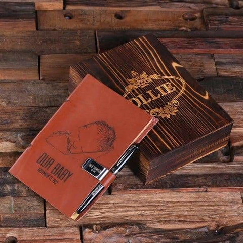 Image of Personalized Leather Diary Sketchbook with Wood Box Pen and Pen Holder - Journal Gift Sets