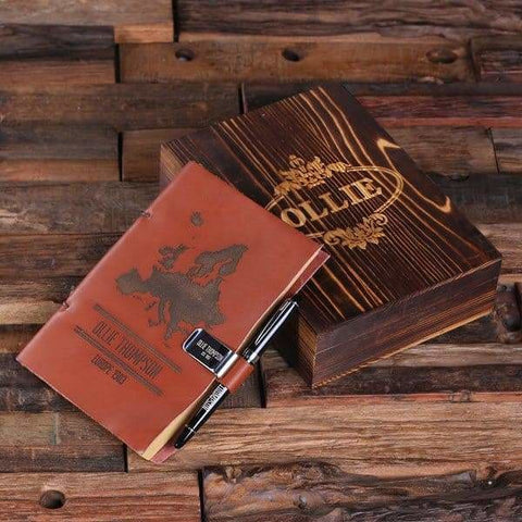 Image of Personalized Leather Diary Sketchbook with Wood Box Pen and Pen Holder - Journal Gift Sets