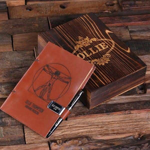 Personalized Leather Diary Sketchbook with Wood Box Pen and Pen Holder - Journal Gift Sets