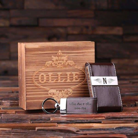 Image of Personalized Leather Engraved Card Holder Key Chain and Wood Box - Key Chains & Gift Box