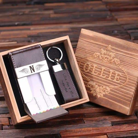 Image of Personalized Leather Engraved Card Holder Key Chain and Wood Box - Key Chains & Gift Box