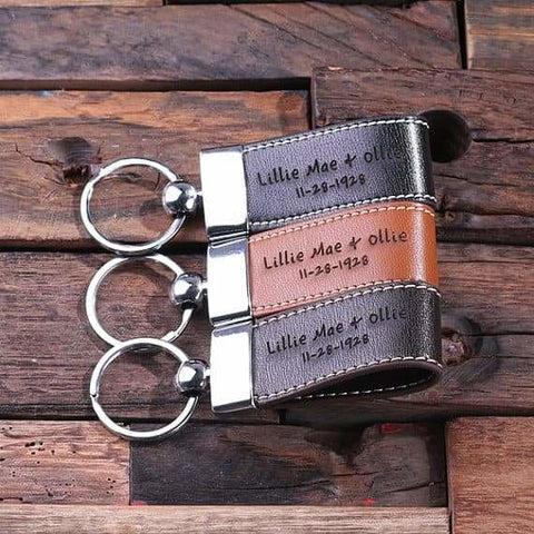 Image of Personalized Leather Engraved Key Chain Black Light Brown and Dark Brown with Wood Box - Key Chains & Gift Box