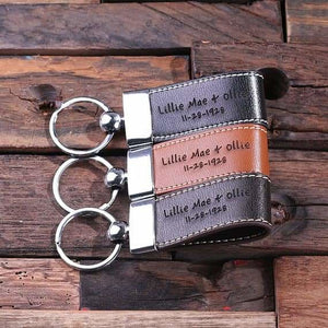 Personalized Leather Engraved Key Chain Black Light Brown and Dark Brown with Wood Box - Key Chains & Gift Box