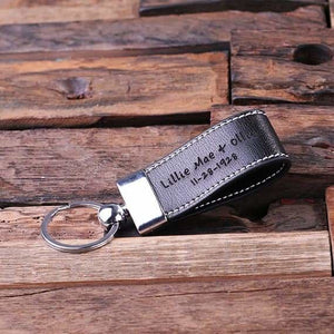 Personalized Leather Engraved Key Chain Black Light Brown and Dark Brown with Wood Box - Key Chains & Gift Box