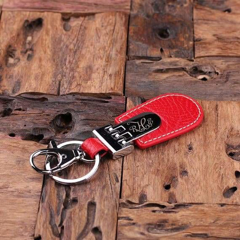 Image of Personalized Leather Engraved Monogrammed Key Chain Black Brown & Red with Wood Box - Key Chains & Gift Box
