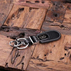 Personalized Leather Engraved Monogrammed Key Chain Black Brown & Red with Wood Box - Key Chains & Gift Box