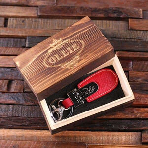 Personalized Leather Engraved Monogrammed Key Chain Black Brown & Red with Wood Box - Key Chains & Gift Box