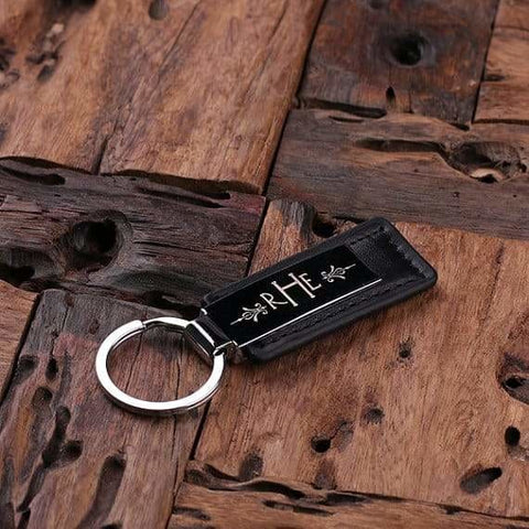 Image of Personalized Leather Engraved Monogrammed Key Chain Black or Brown with Wood Box - Key Chains & Gift Box