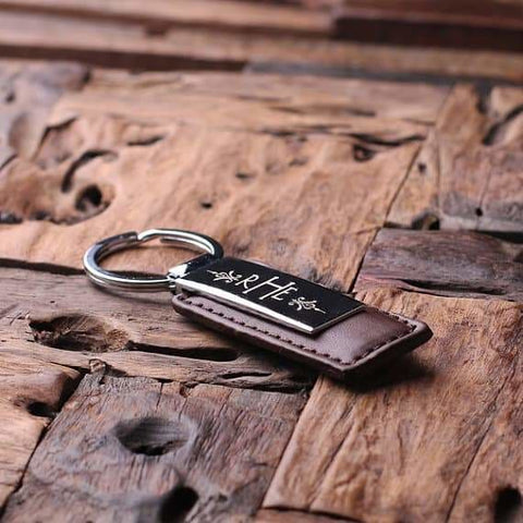 Image of Personalized Leather Engraved Monogrammed Key Chain Black or Brown with Wood Box - Key Chains & Gift Box