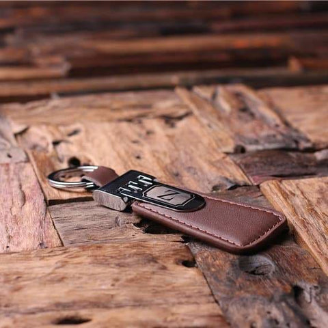 Image of Personalized Leather Engraved Monogrammed Key Chain Brown - Key Chains