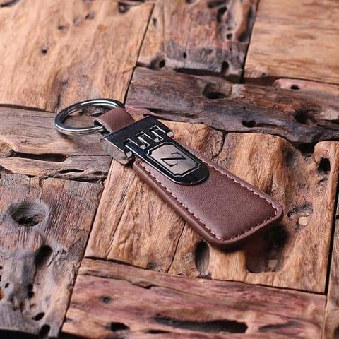 Image of Personalized Leather Engraved Monogrammed Key Chain Brown with Wood Box - Key Chains & Gift Box