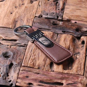Personalized Leather Engraved Monogrammed Key Chain Brown with Wood Box - Key Chains & Gift Box