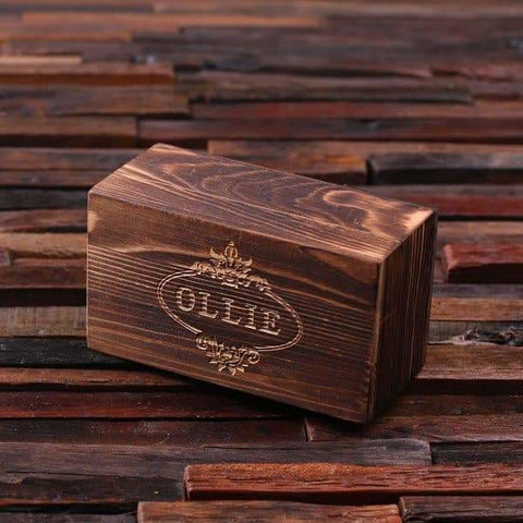 Image of Personalized Leather Engraved Monogrammed Key Chain Brown with Wood Box - Key Chains & Gift Box