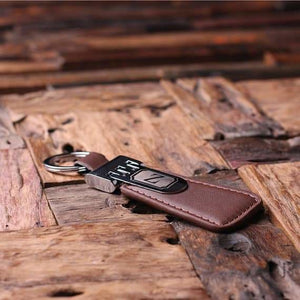 Personalized Leather Engraved Monogrammed Key Chain Brown with Wood Box - Key Chains & Gift Box