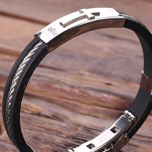 Personalized Leather & Stainless Steel Bracelet w/Christian Motif Black - Religious Gifts