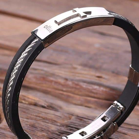 Image of Personalized Leather & Stainless Steel Bracelet w/Christian Motif Black with Wood Box - Religious Gifts