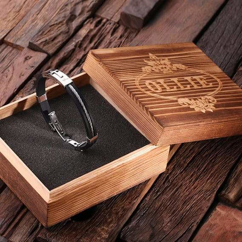 Image of Personalized Leather & Stainless Steel Bracelet w/Christian Motif Black with Wood Box - Religious Gifts