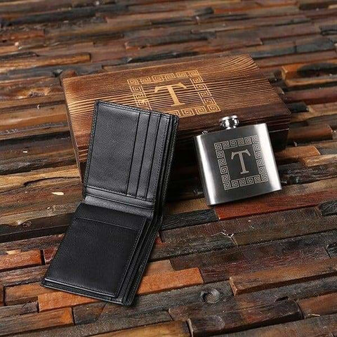 Image of Personalized Leather Wallet and Flask with Wood Gift Box - Wallet Gift Sets