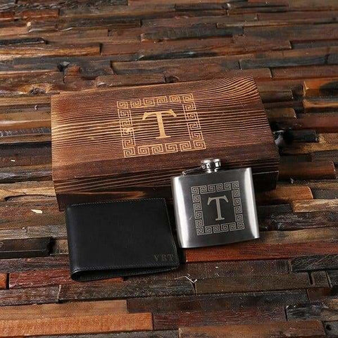 Image of Personalized Leather Wallet and Flask with Wood Gift Box - Wallet Gift Sets
