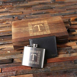 Personalized Leather Wallet and Flask with Wood Gift Box - Wallet Gift Sets