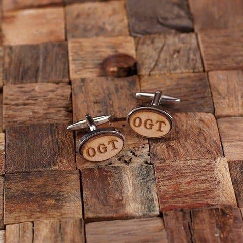 Image of Personalized Mens Classic Oval Wood Cuff Links and Rectangle Wood Tie Clip - Cuff Links - Tie Clip Set