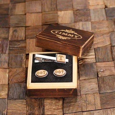 Image of Personalized Mens Classic Oval Wood Cuff Links and Square Wood Tie Clip - Cuff Links - Money Clip Set