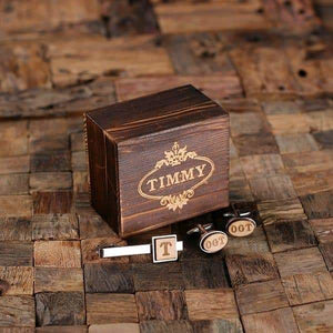 Personalized Mens Classic Oval Wood Cuff Links and Square Wood Tie Clip - Cuff Links - Money Clip Set