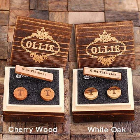 Image of Personalized Mens Classic Round Wood Cuff Links and Wood Tie Clip with Box Cherry Wood - Cuff Links - Tie Clip Set