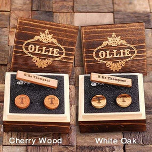 Personalized Mens Classic Round Wood Cuff Links and Wood Tie Clip with Box Cherry Wood - Cuff Links - Tie Clip Set