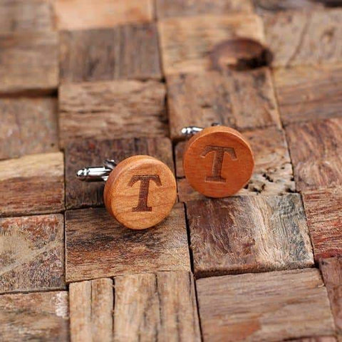 Image of Personalized Mens Classic Round Wood Cuff Links and Wood Tie Clip with Box Cherry Wood - Cuff Links - Tie Clip Set