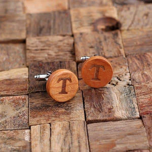 Personalized Mens Classic Round Wood Cuff Links and Wood Tie Clip with Box Cherry Wood - Cuff Links - Tie Clip Set