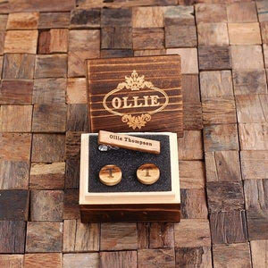 Personalized Mens Classic Round Wood Cuff Links and Wood Tie Clip with Box White Oak - Cuff Links - Tie Clip Set