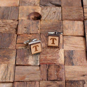 Personalized Mens Classic Square Wood Cuff Links and Rectangle Wood Tie Clip - Cuff Links - Tie Clip Set