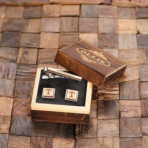 Image of Personalized Mens Classic Square Wood Cuff Links and Rectangle Wood Tie Clip - Cuff Links - Tie Clip Set