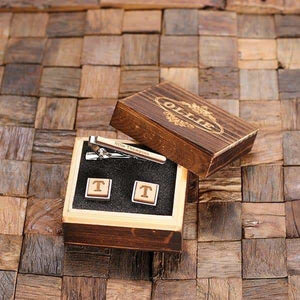 Personalized Mens Classic Square Wood Cuff Links and Rectangle Wood Tie Clip - Cuff Links - Tie Clip Set